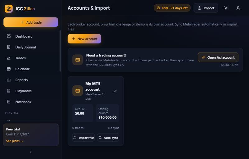 The Accounts page with a new MetaTrader 5 account and its Auto-sync button