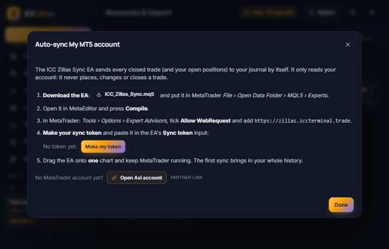 The Auto-sync window: download the EA, compile it, allow the web address
