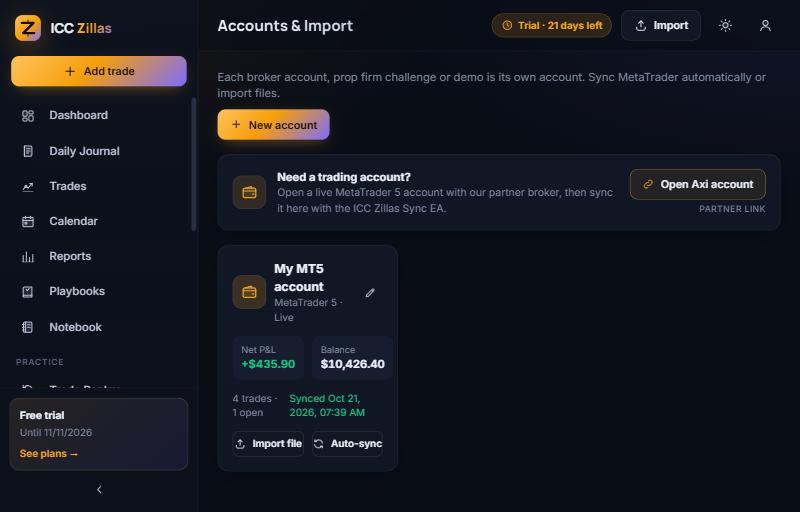 The account card after the first sync: trades, balance and the Synced time